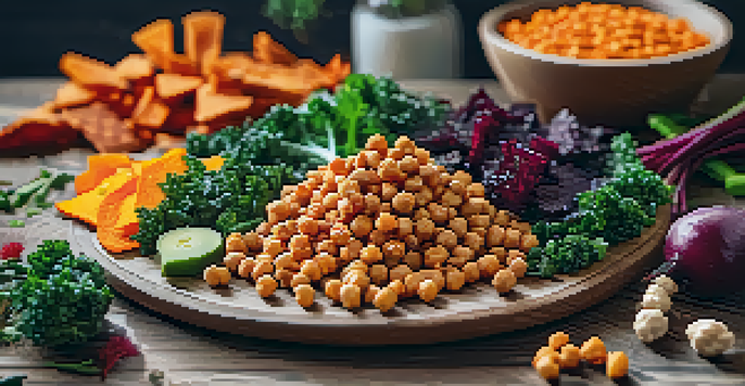 An assortment of healthy vegetarian snacks on a wooden table, including chickpeas, kale chips, and veggie chips, with natural lighting.