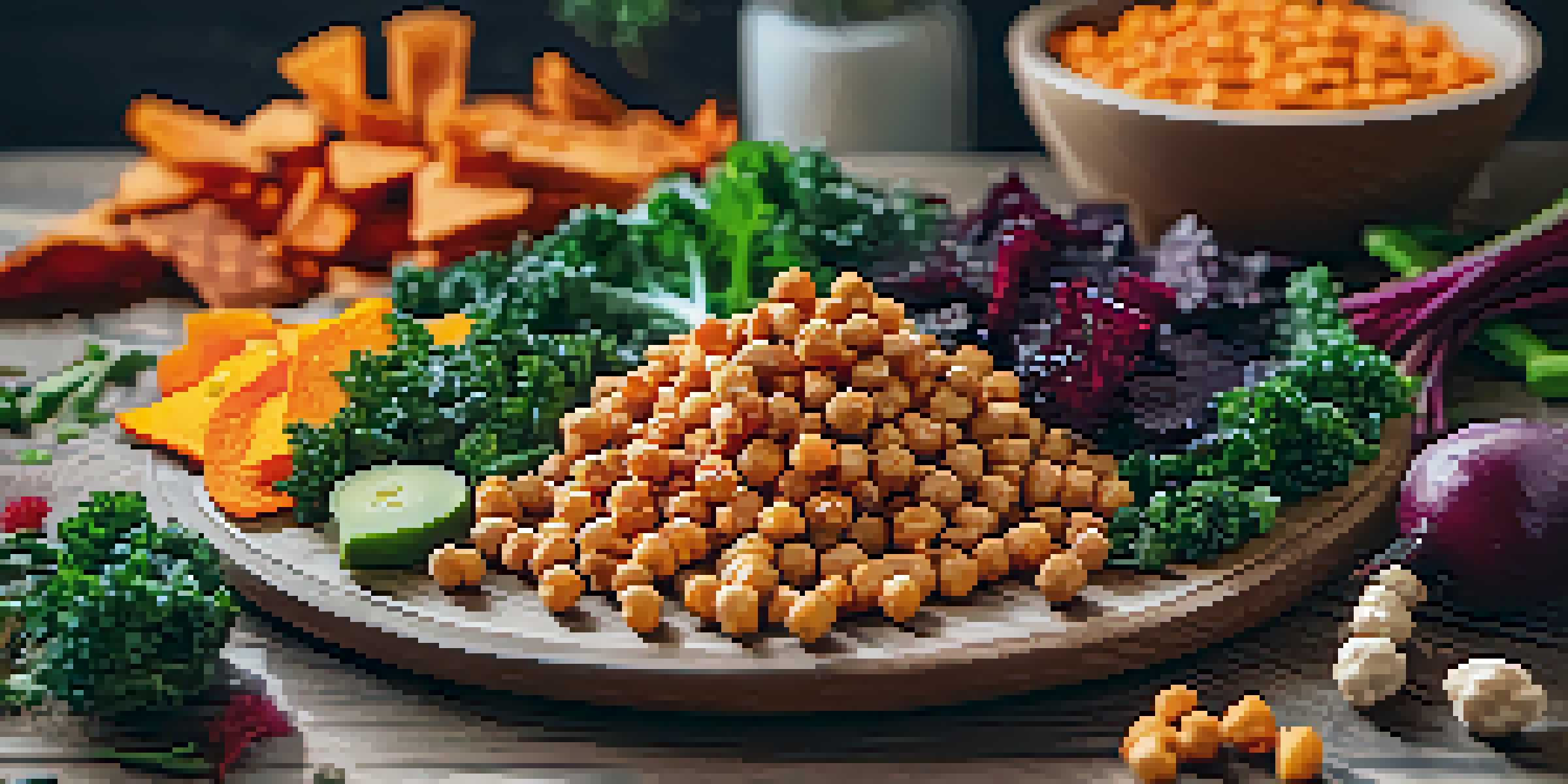 An assortment of healthy vegetarian snacks on a wooden table, including chickpeas, kale chips, and veggie chips, with natural lighting.