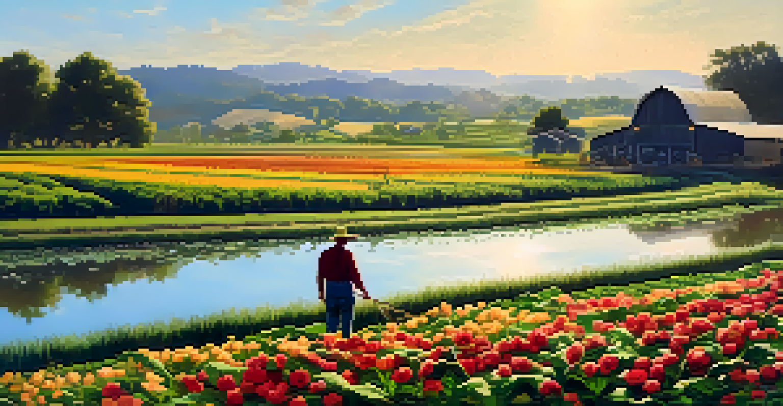 A peaceful sustainable farm with rows of organic crops, a farmer working, and a pond reflecting the sky.