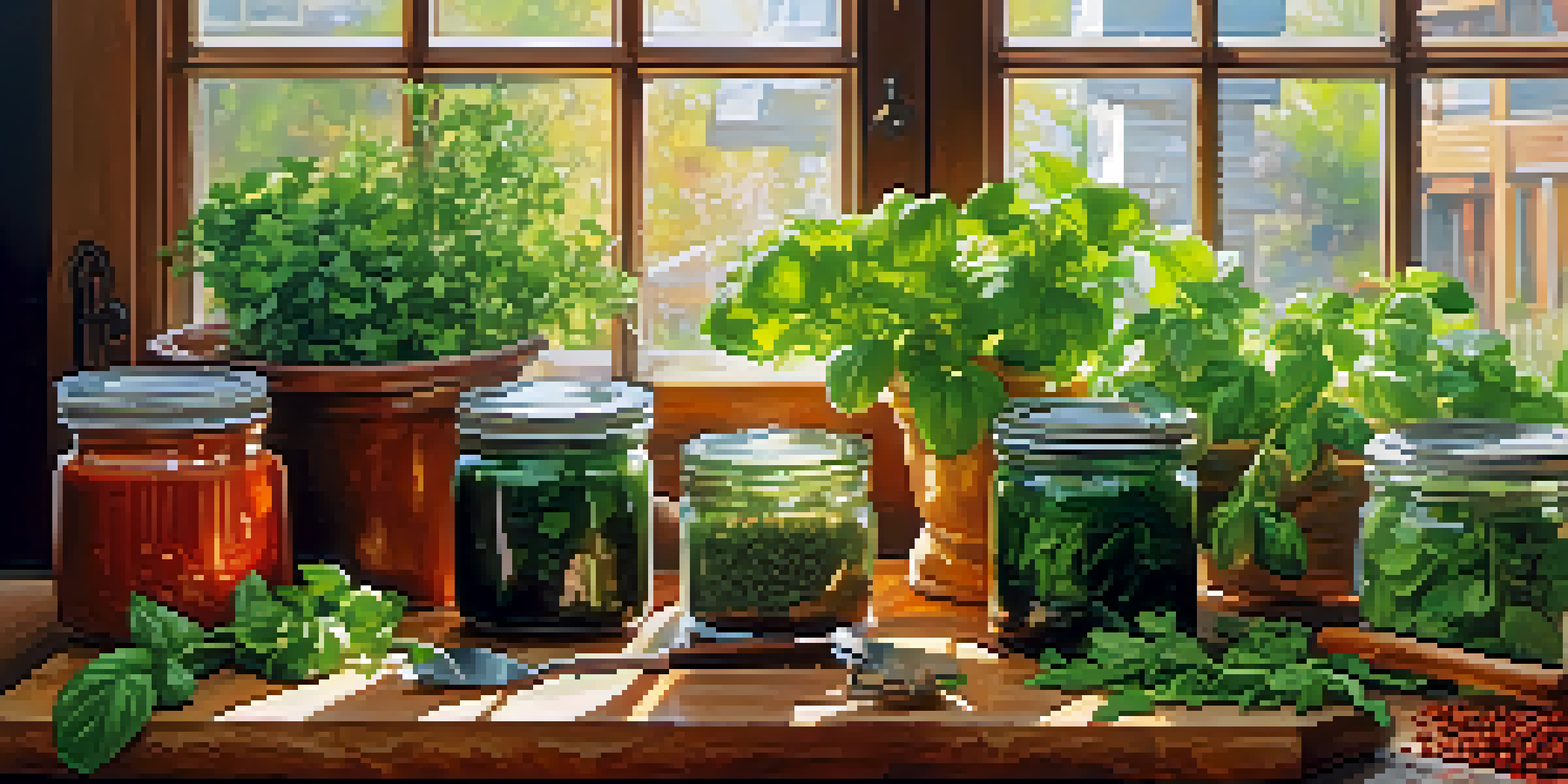 A kitchen counter with fresh herbs and colorful spices, illuminated by sunlight.