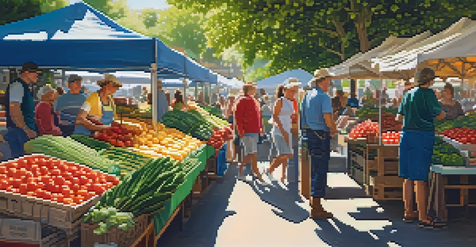 A lively farmers' market with colorful produce, sunlight filtering through the canopy, and people interacting with farmers.