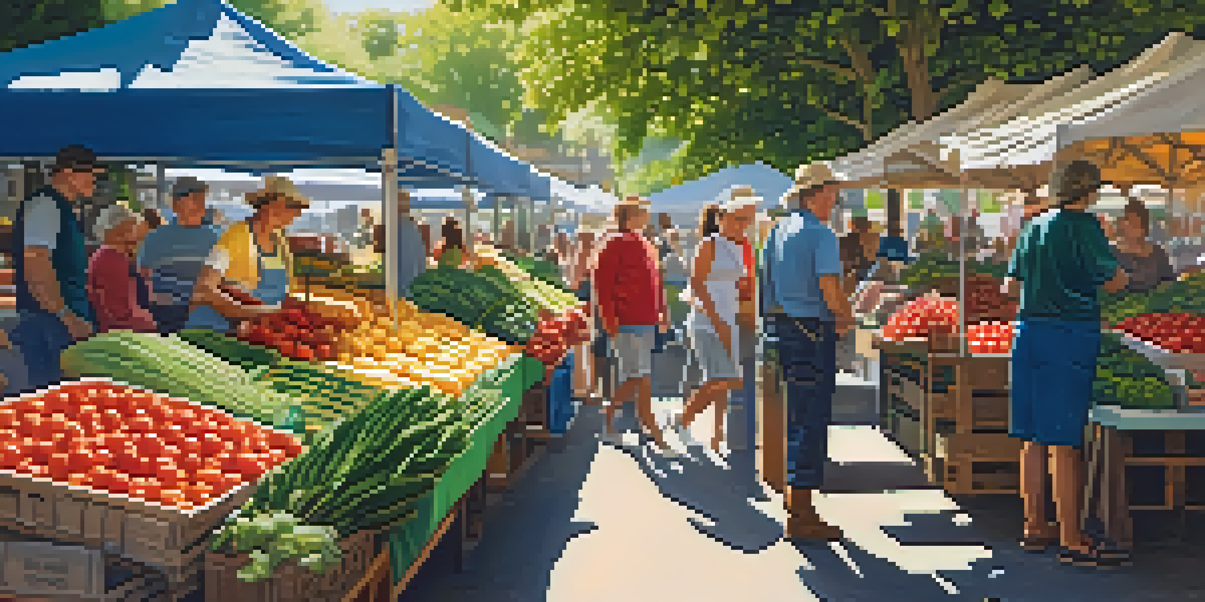 A lively farmers' market with colorful produce, sunlight filtering through the canopy, and people interacting with farmers.