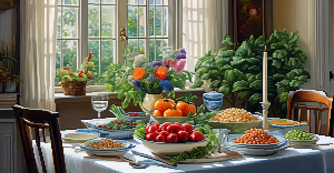 A beautifully arranged dining table with a variety of fresh vegetables and grains, illuminated by soft lighting, creating a calming atmosphere.