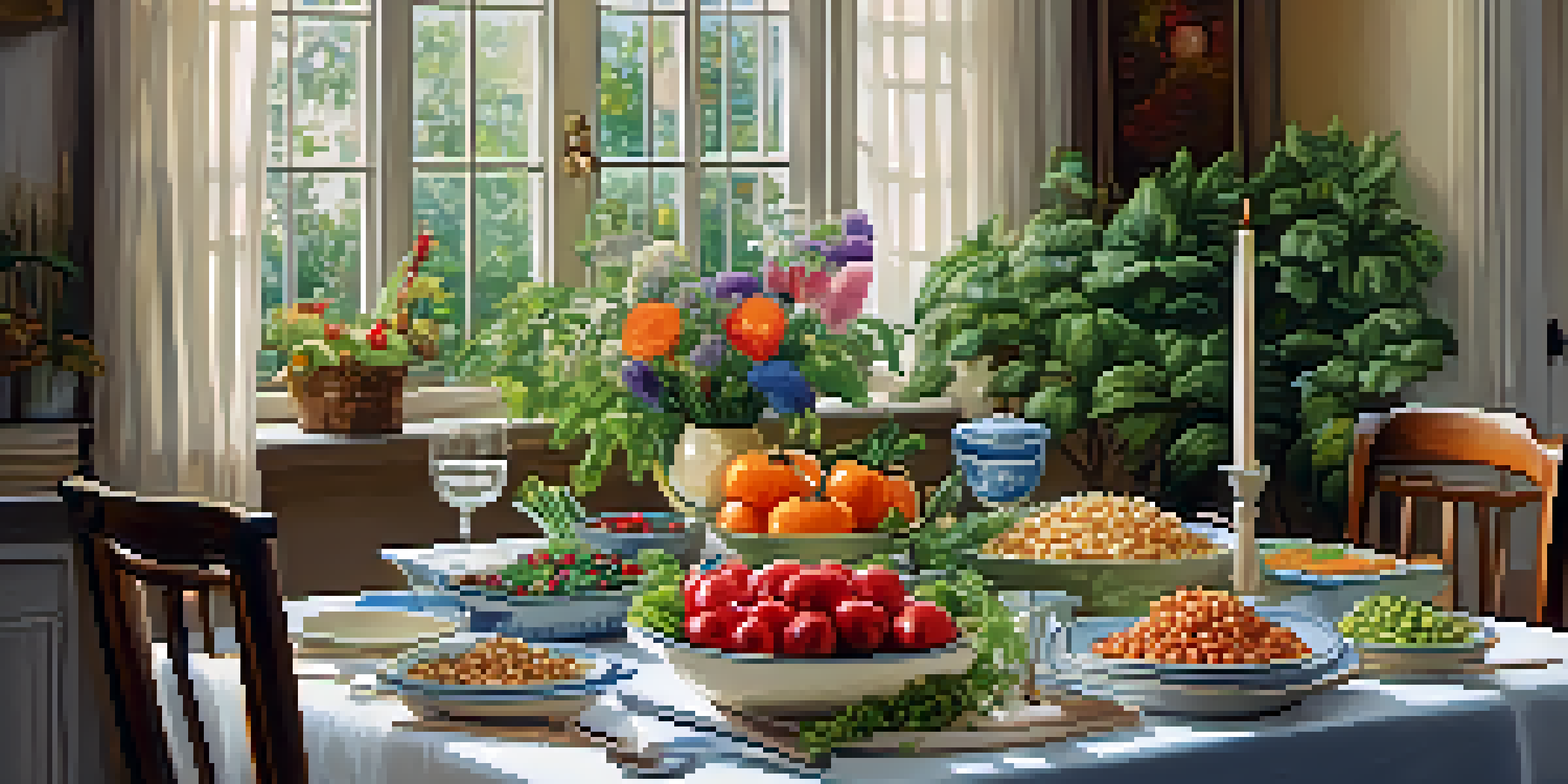 A beautifully arranged dining table with a variety of fresh vegetables and grains, illuminated by soft lighting, creating a calming atmosphere.