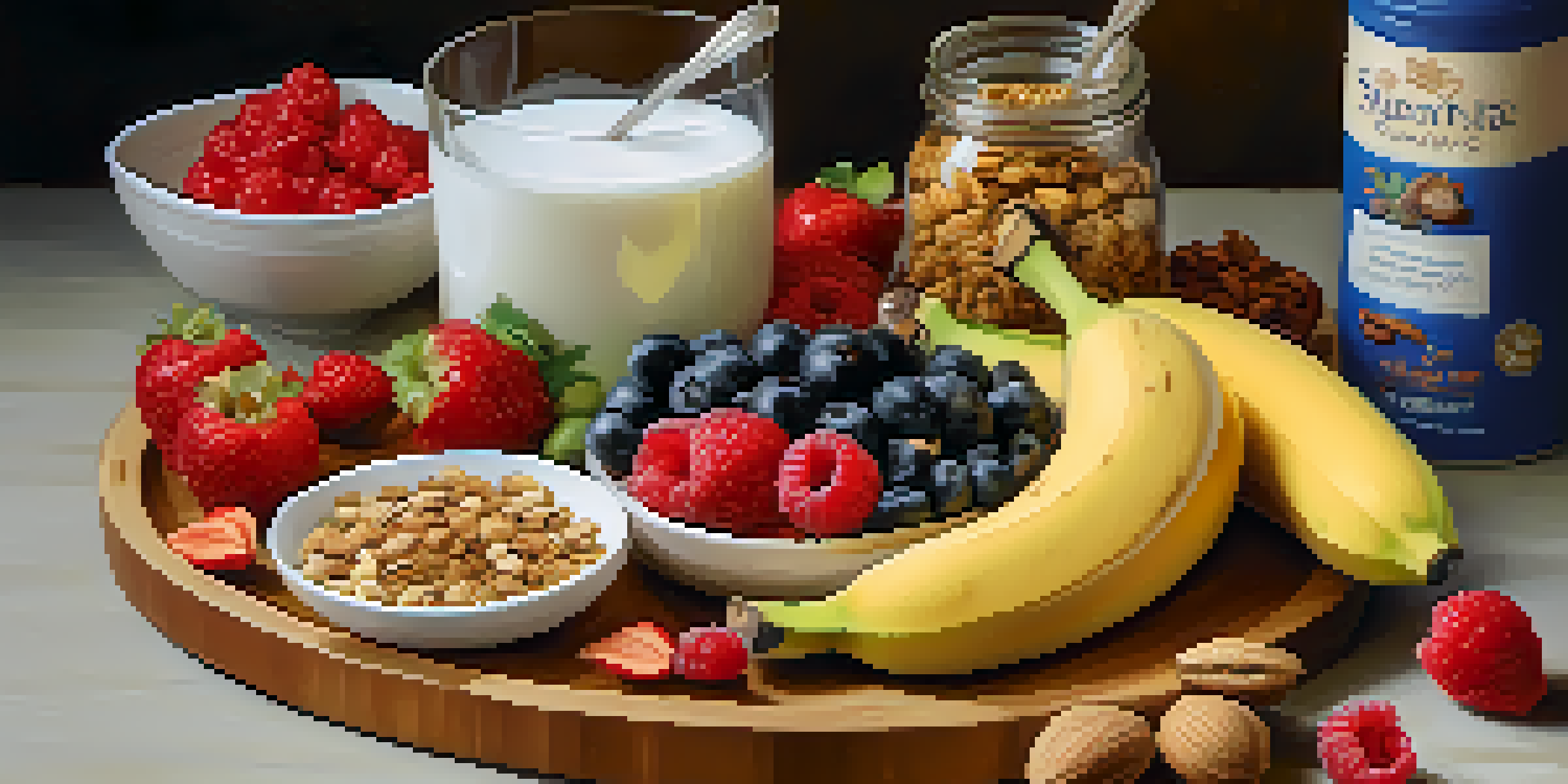 A wooden platter filled with vibrant vegetarian snacks including fruits, nuts, seeds, and yogurt.