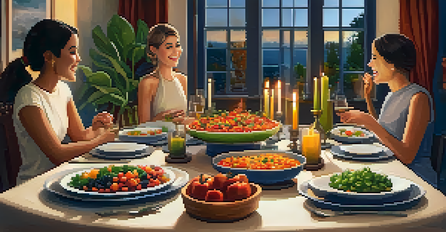 A cozy dinner party scene with friends gathered around a beautifully set table filled with colorful vegetarian dishes and candlelight.