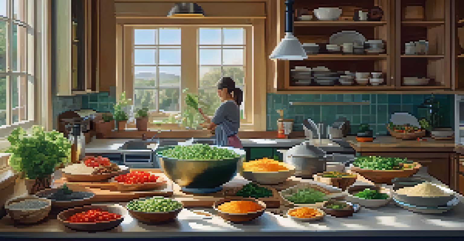 A cozy kitchen with a person preparing meal prep containers filled with salad ingredients, grains, and legumes.