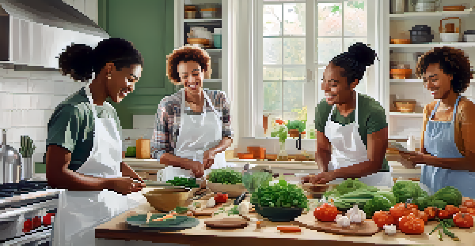 Friends cooking together in a bright kitchen, collaborating on meal preparation.