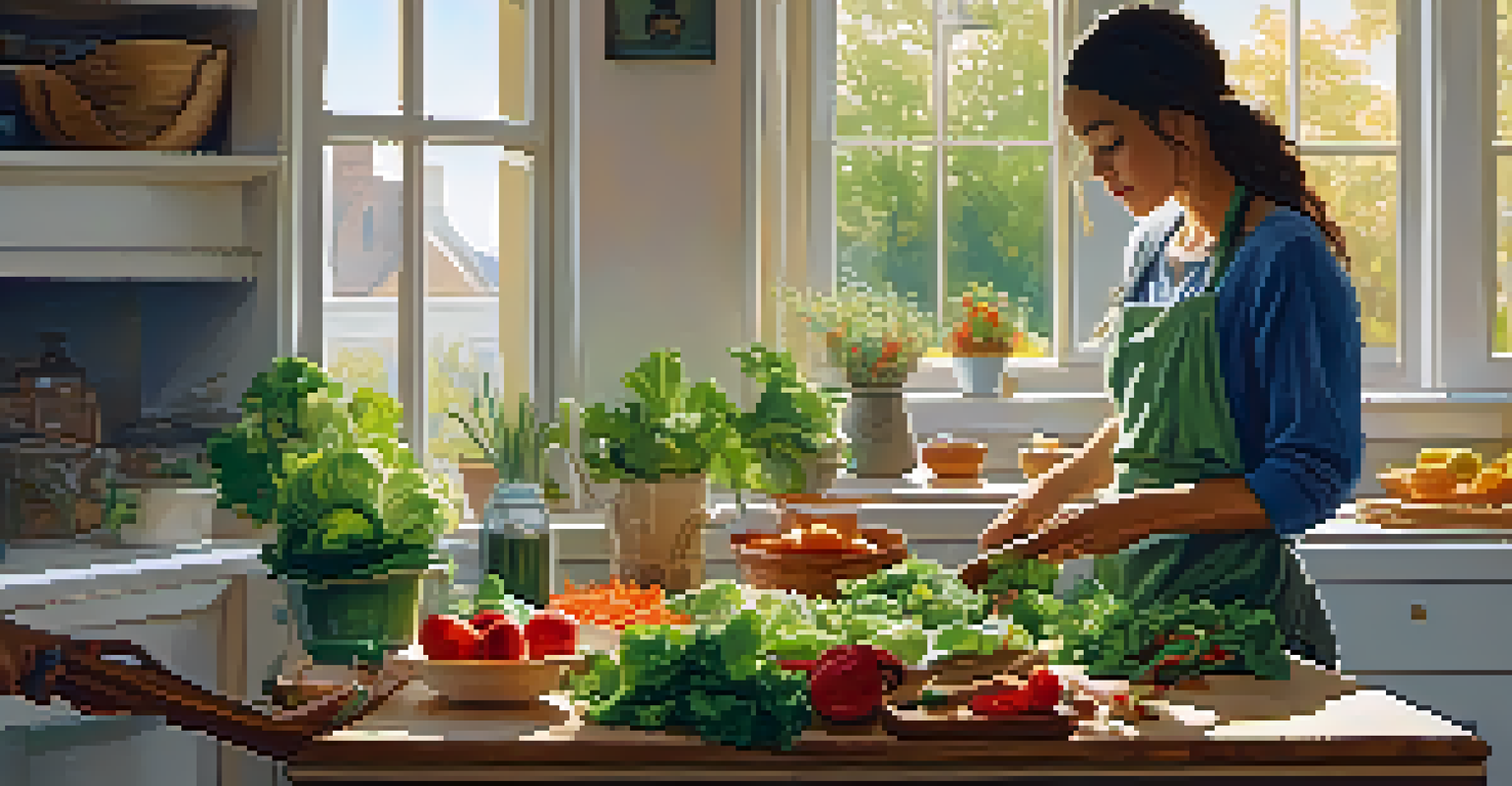 A person preparing a colorful salad in a kitchen, surrounded by fresh vegetables and legumes, with natural sunlight streaming through a window.