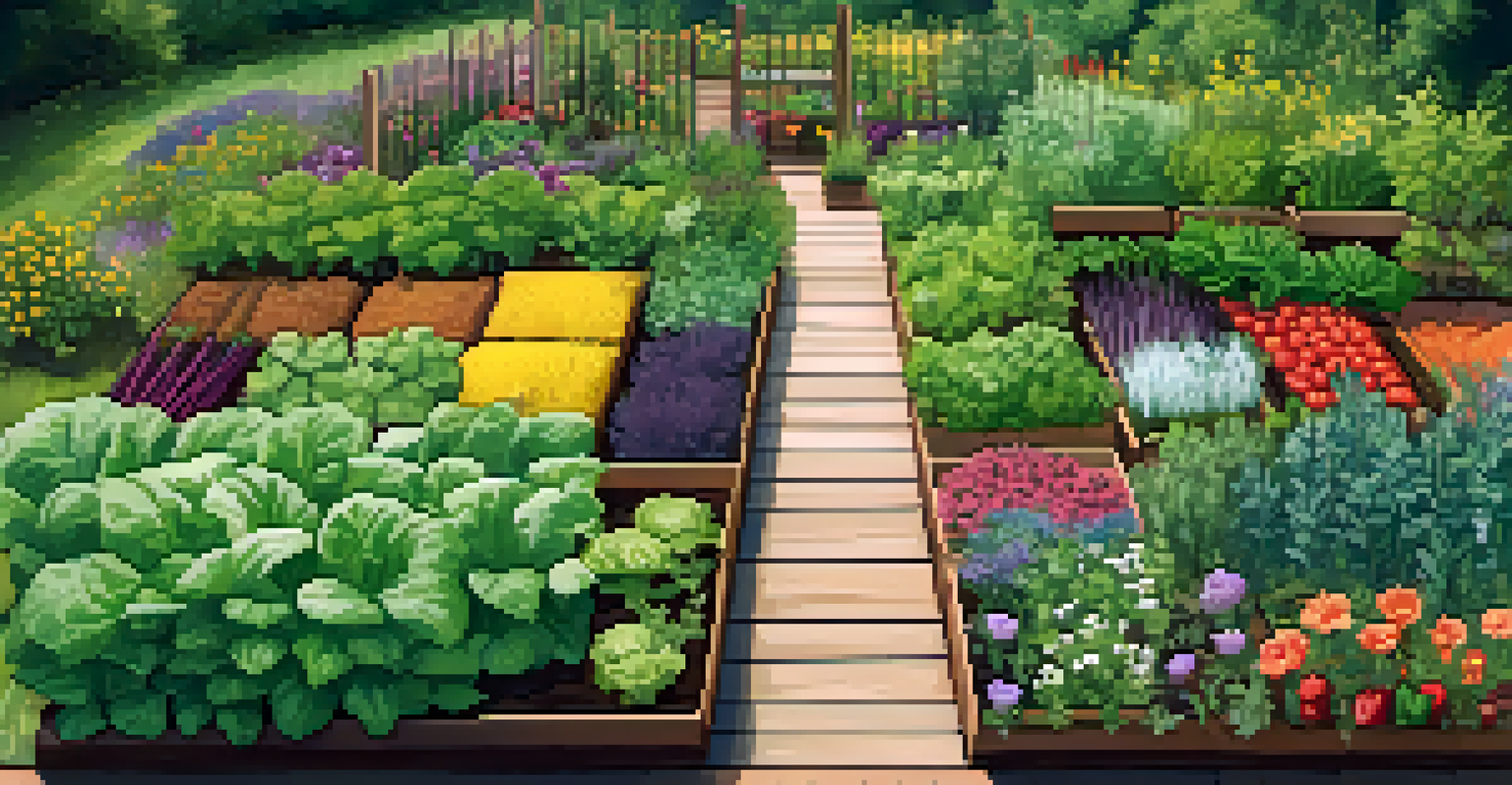 An aerial view of a colorful organic vegetable garden with diverse plants and flowers.