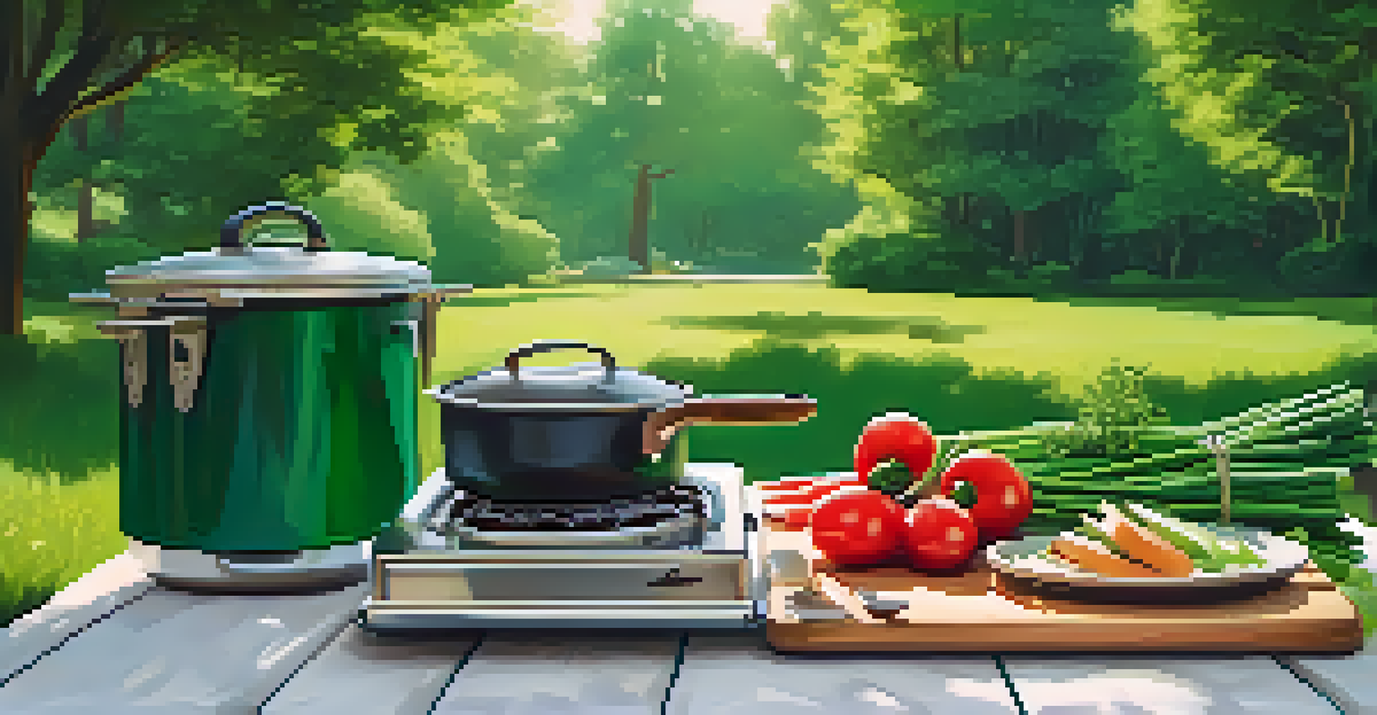 A portable kitchen setup with cutting board, knife, and stove in a green park, surrounded by fresh vegetables.