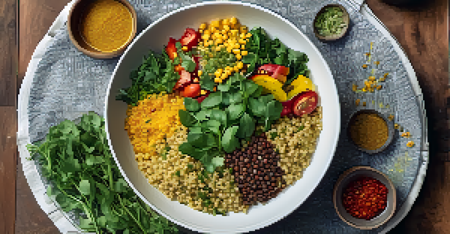 A bowl of quinoa and greens topped with spices like turmeric and chili flakes, surrounded by fresh vegetables and herbs, presented on a colorful tablecloth.