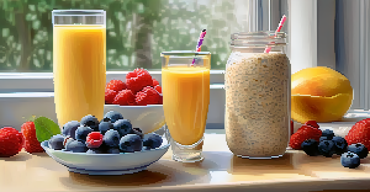 A breakfast table featuring a bowl of overnight oats with fruits and nuts, and a glass of smoothie, all in a bright and cheerful setting.