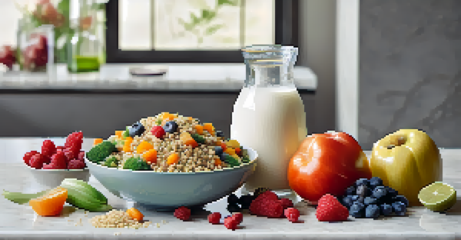 A vibrant display of quinoa salad, plant-based milk, and fresh berries on a marble countertop, illuminated by natural light.