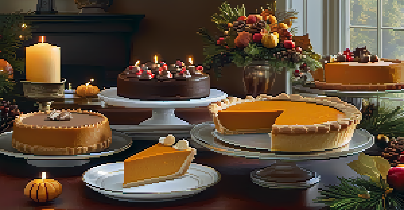 A dessert table featuring pumpkin pie, chocolate mousse, and fruit tarts, decorated with festive elements and warm candlelight.