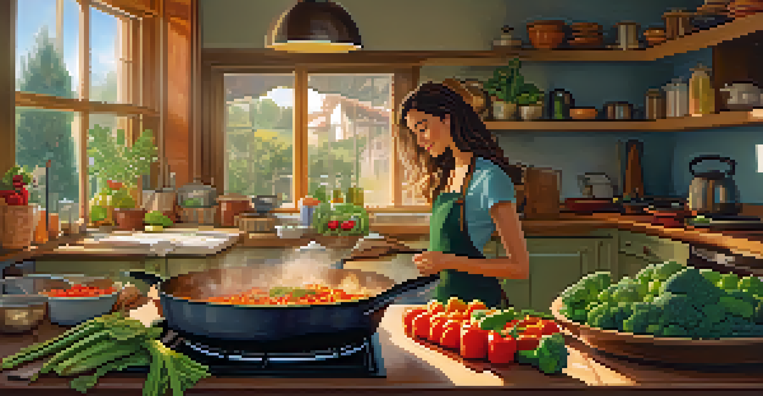 A person cooking a vegetarian stir-fry in a cozy kitchen, with colorful vegetables in a frying pan and warm lighting.