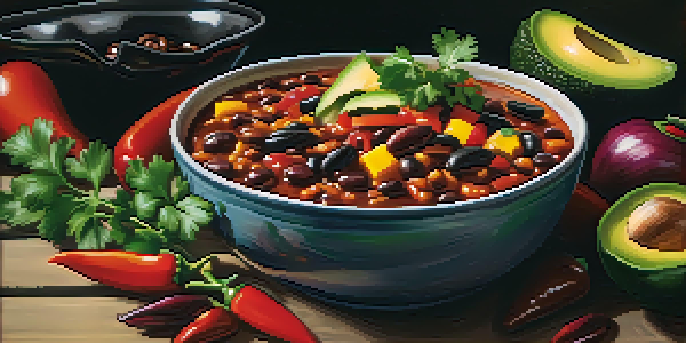 A bowl of vegetarian chili with beans and bell peppers, garnished with avocado and cilantro, sitting on a wooden table.