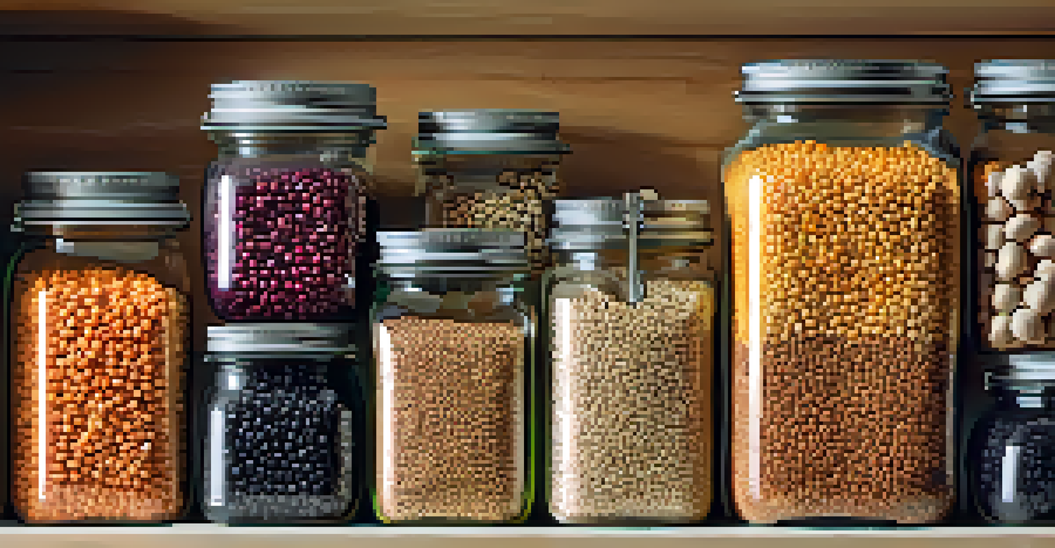 Glass jars filled with colorful legumes and grains on a kitchen countertop, depicting a healthy lifestyle.