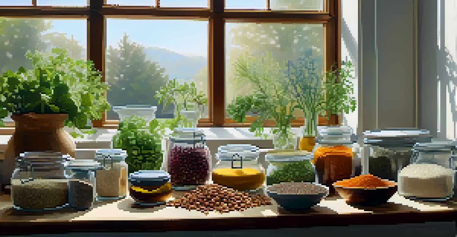 A kitchen countertop filled with plant-based ingredients, featuring a colorful salad bowl and jars of spices, bathed in soft morning light.
