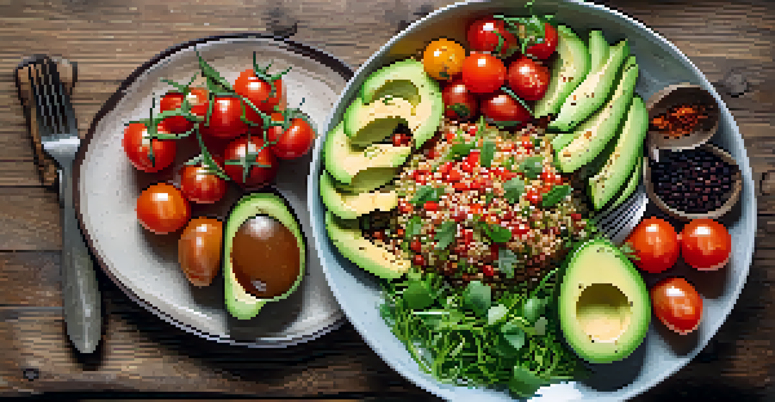 An overhead view of a colorful quinoa salad with fresh vegetables and sauces on a rustic wooden table.
