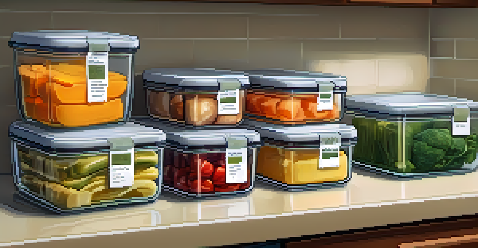 Glass containers filled with prepped vegetarian meals, labeled and organized on a kitchen countertop.