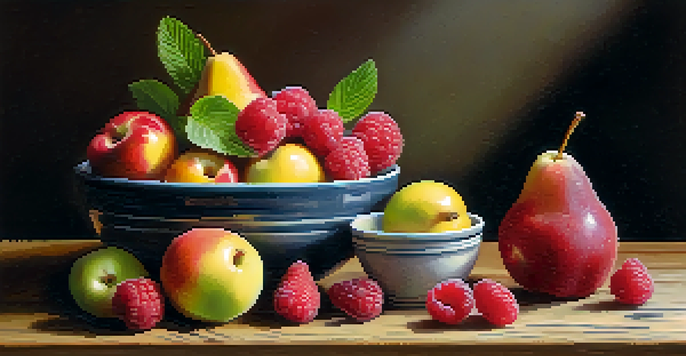 A colorful bowl filled with fresh fruits like raspberries, pears, and apples, topped with chia seeds, set on a rustic wooden table with natural lighting.