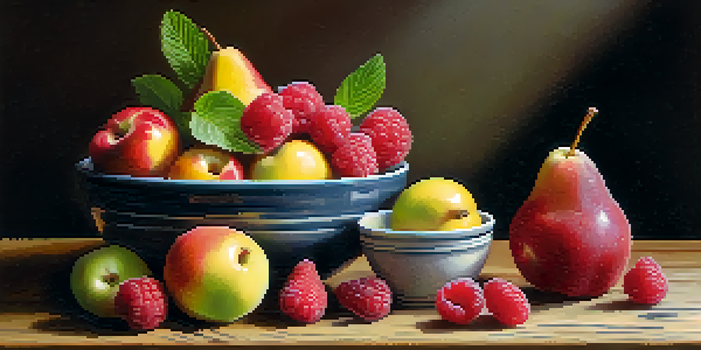 A colorful bowl filled with fresh fruits like raspberries, pears, and apples, topped with chia seeds, set on a rustic wooden table with natural lighting.