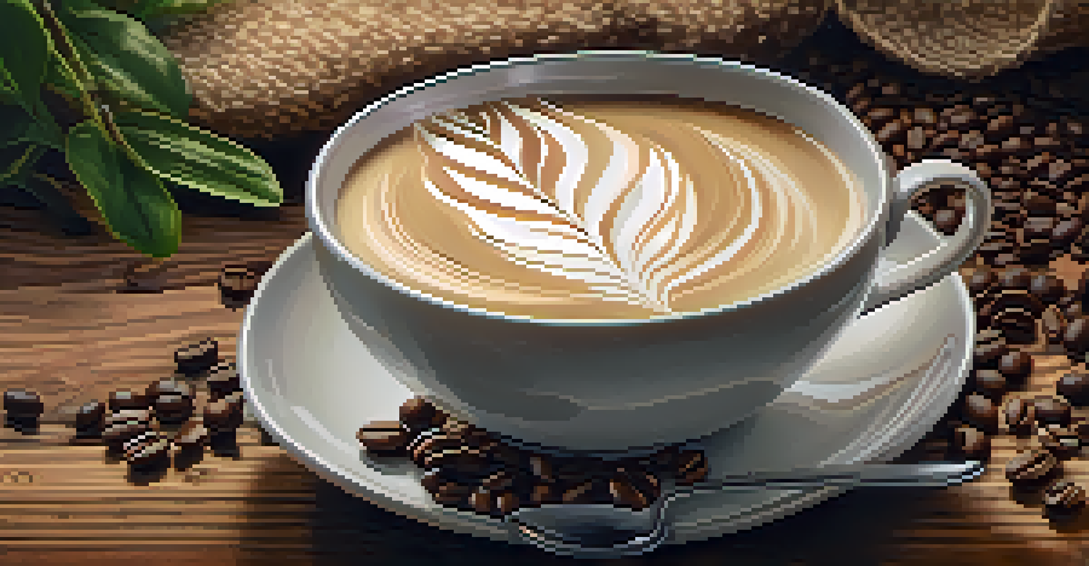 A close-up of oat milk being poured into a coffee cup, surrounded by coffee beans and a small potted plant on a rustic wooden table.