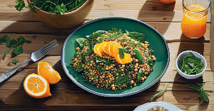 A colorful vegetarian meal on a rustic wooden table, showcasing a quinoa salad with chickpeas, spinach, and oranges, illuminated by natural light.