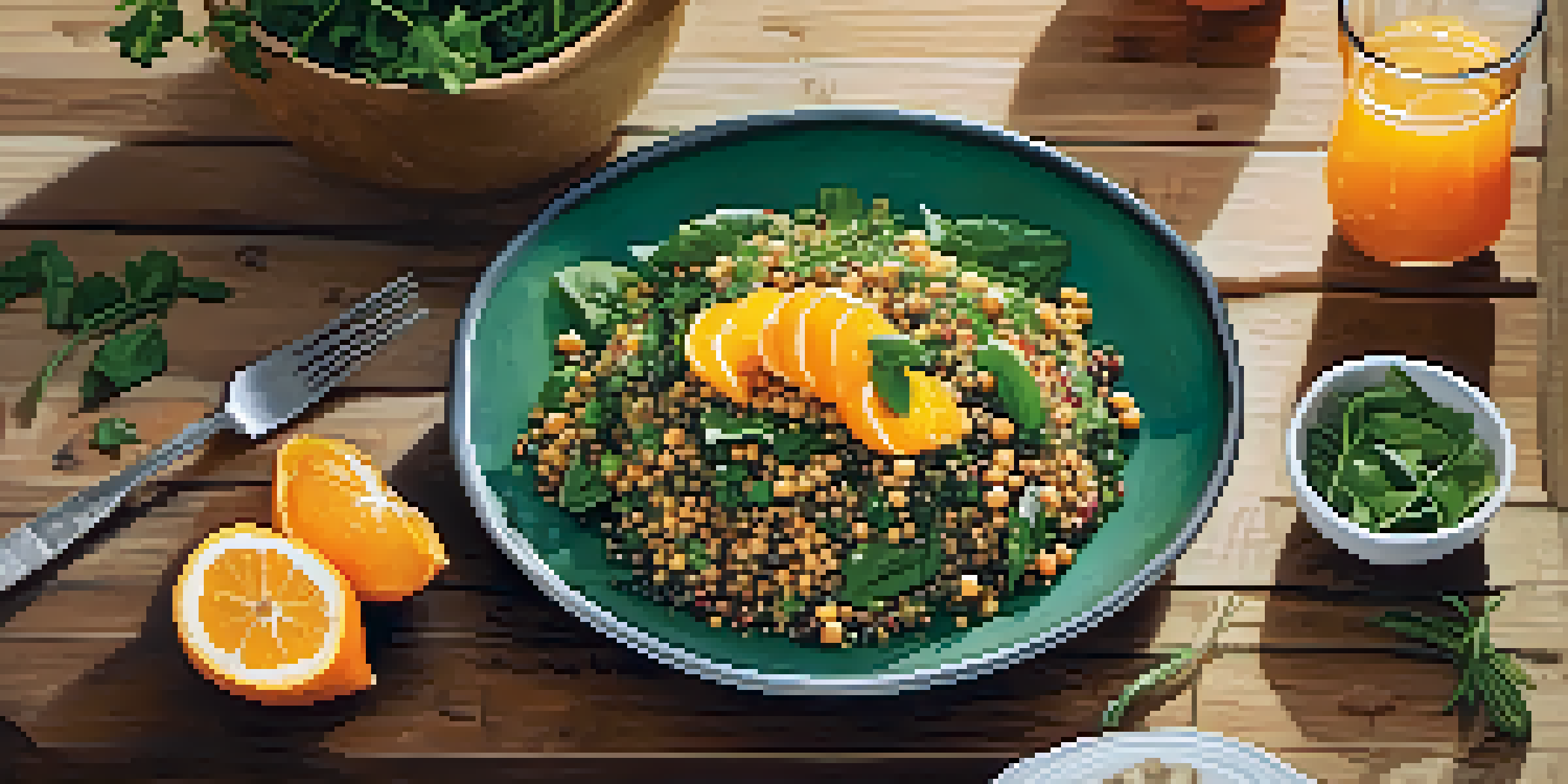 A colorful vegetarian meal on a rustic wooden table, showcasing a quinoa salad with chickpeas, spinach, and oranges, illuminated by natural light.