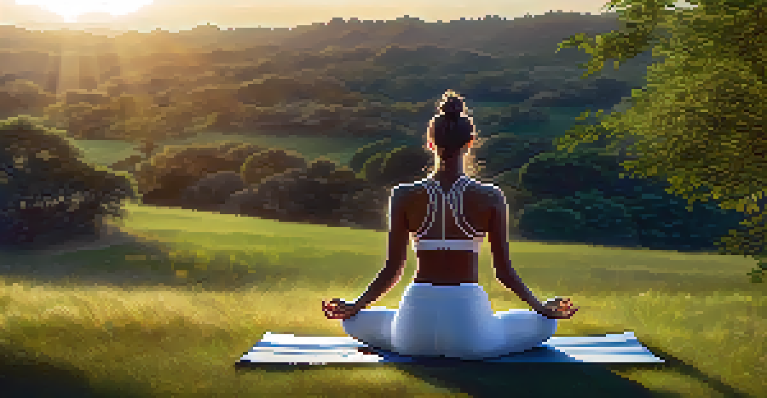 A person practicing yoga in a grassy field during sunset, surrounded by greenery.