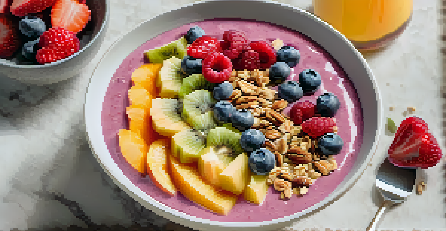 A vibrant smoothie bowl topped with fresh fruit and granola, made with plant-based yogurt, on a marble surface with a spoon next to it.