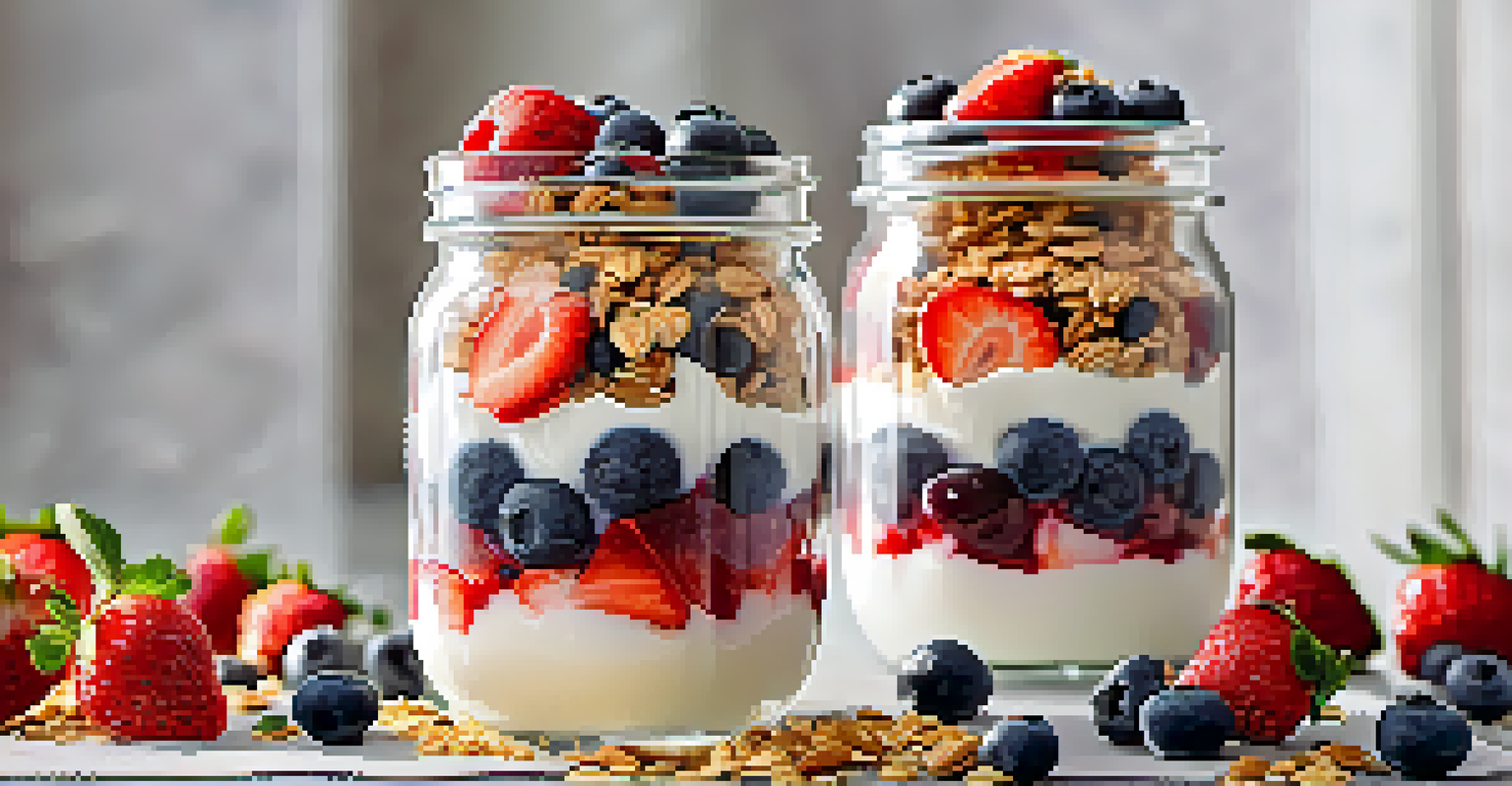 A close-up of a Greek yogurt parfait in a clear glass jar, layered with granola and fresh berries, showcasing the textures and colors.