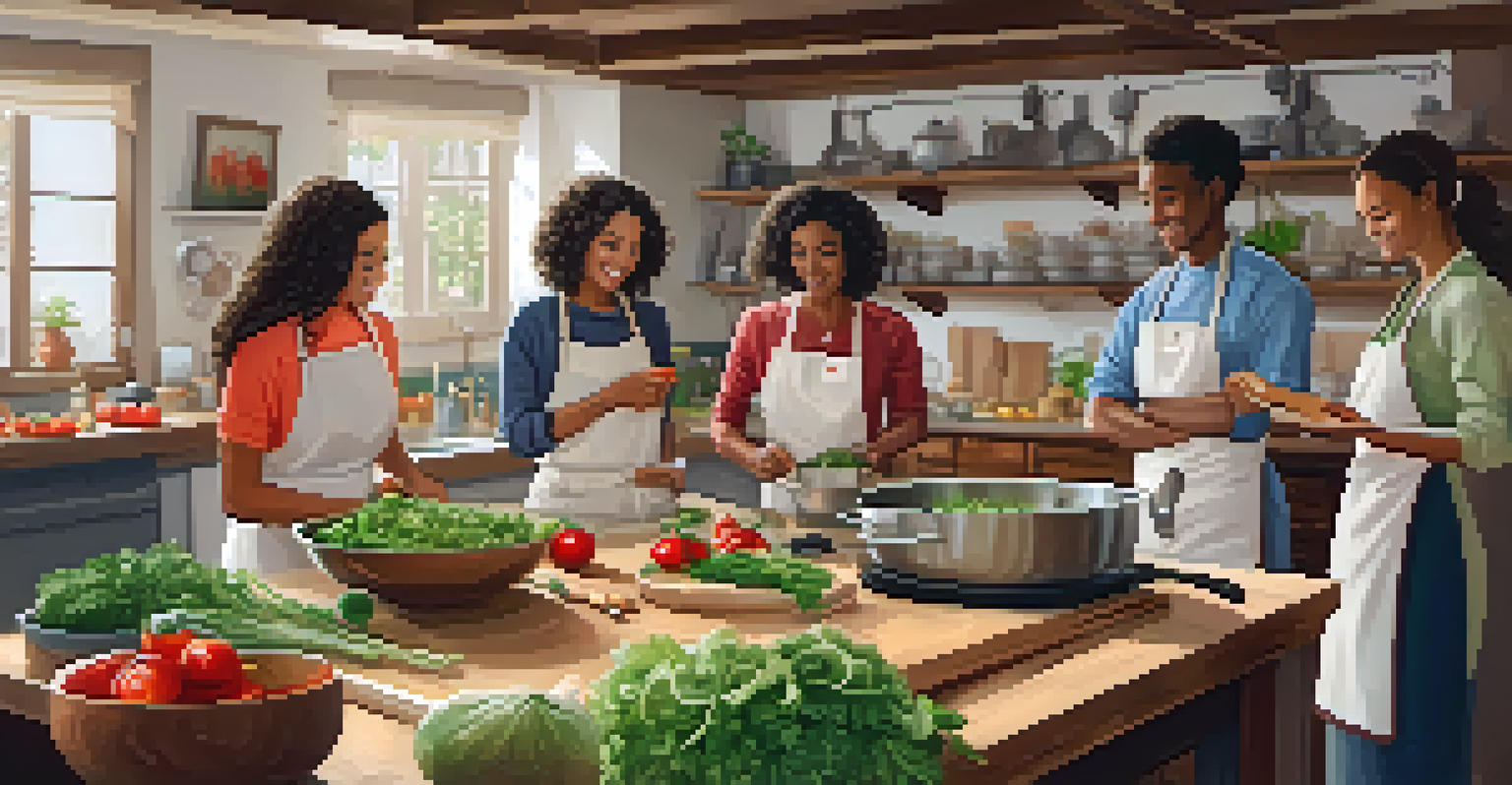 A warm cooking class scene with participants preparing vegetarian meals together in a cozy kitchen.