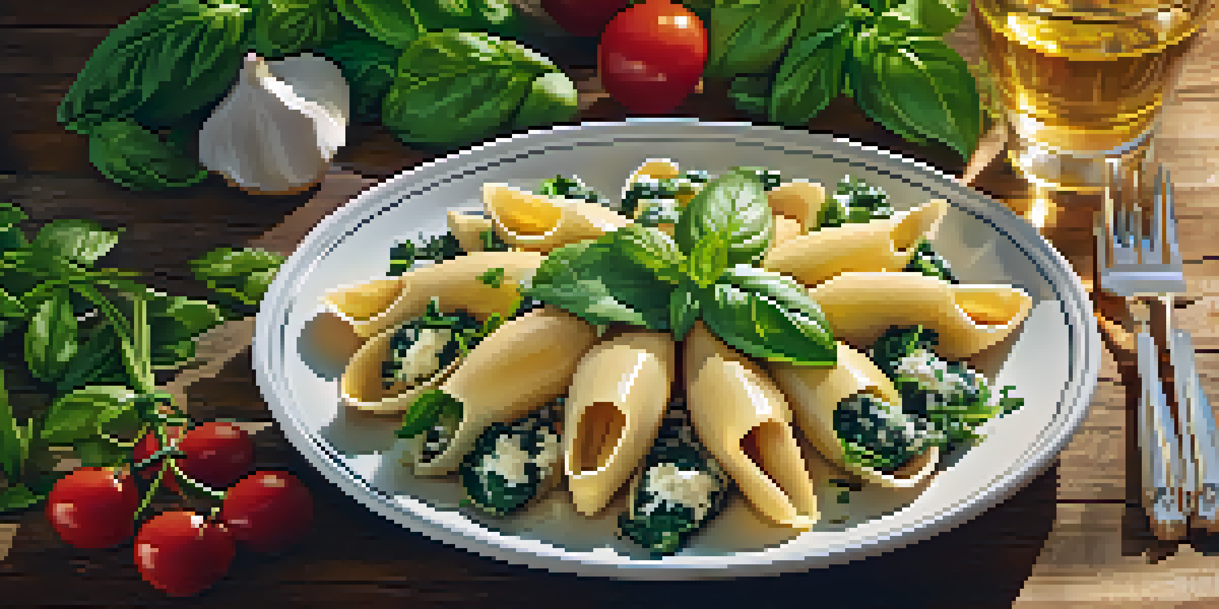 A vibrant plate of creamy spinach and ricotta stuffed pasta shells, garnished with basil, surrounded by fresh vegetables on a wooden table.