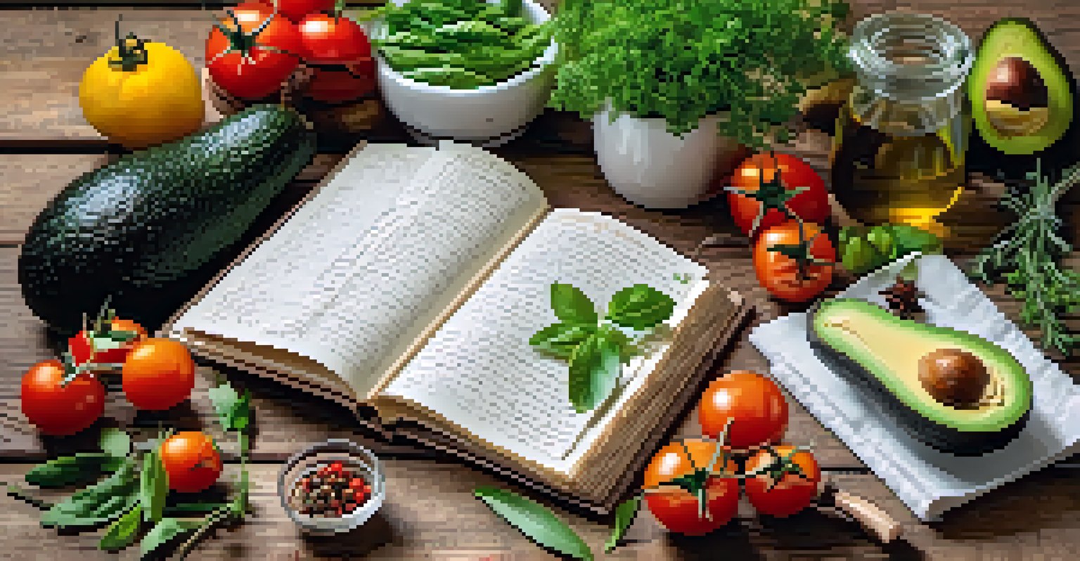 A flat lay of an open recipe book with fresh ingredients like herbs and vegetables arranged around it on a rustic wooden surface.