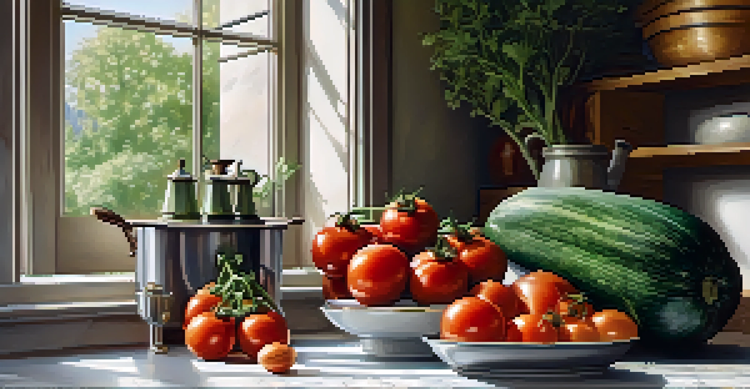 An Italian kitchen with fresh vegetables like tomatoes and zucchini on a marble countertop, with herbs and cooking utensils in a warm, well-lit setting.