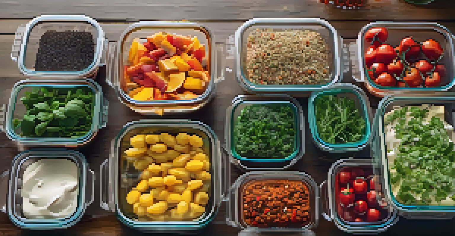 An overhead view of a table with organized glass meal prep containers labeled with meals and dates, surrounded by herbs and spices under sunlight.