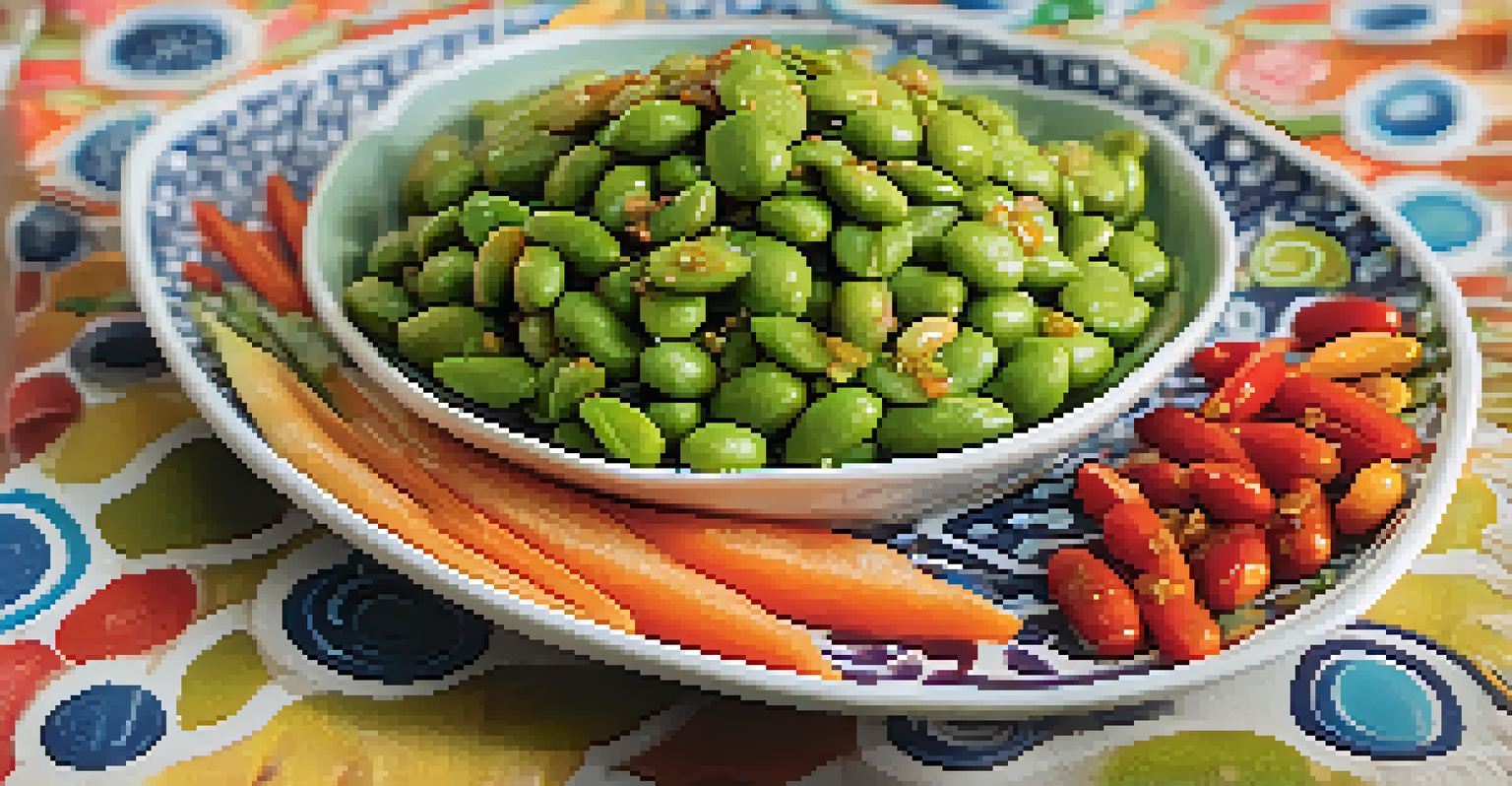 A plate of roasted edamame with sea salt and dipping sauce on a colorful plate.