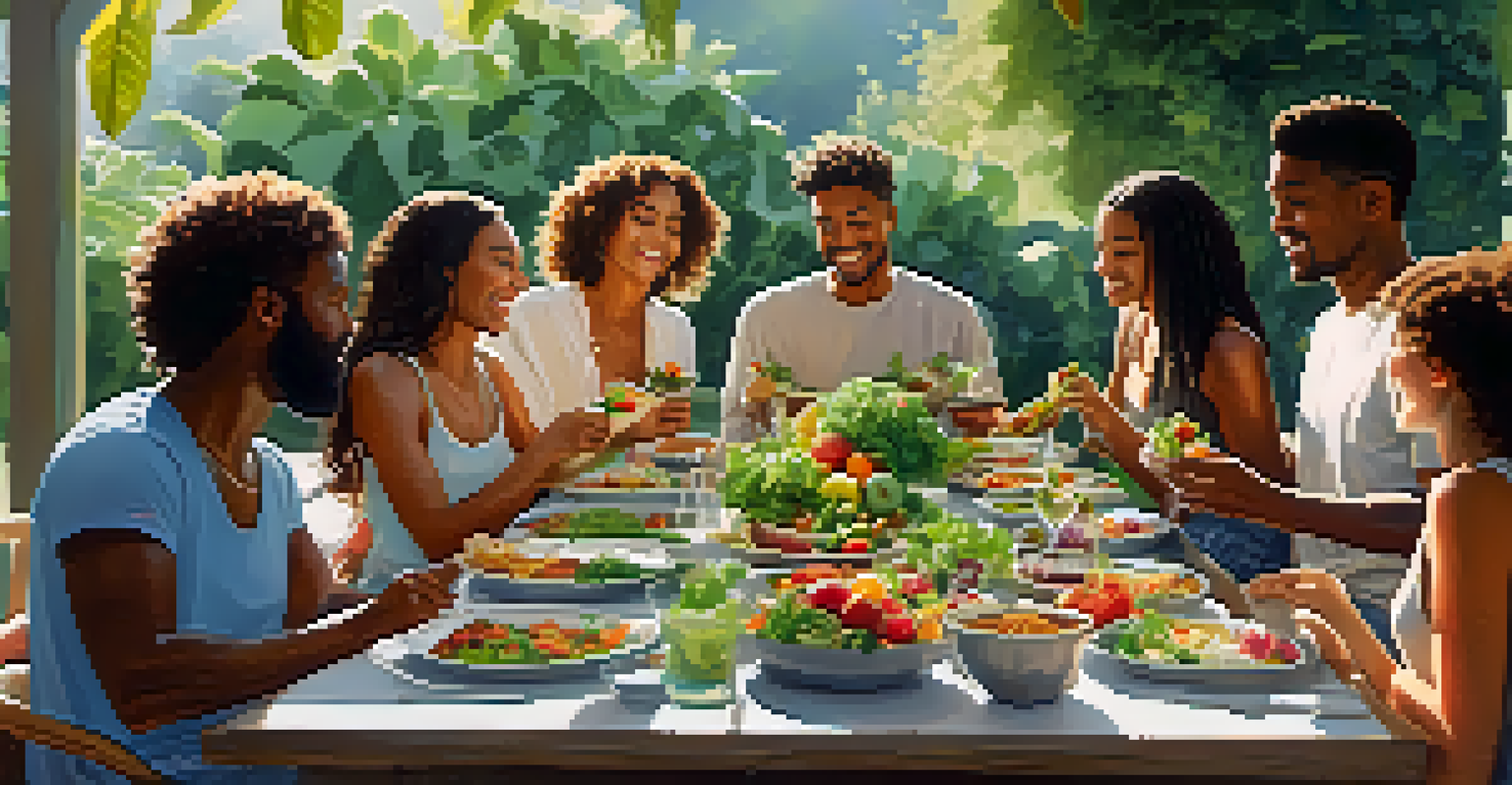 A diverse group of people sharing a plant-based meal at an outdoor table surrounded by greenery, with various colorful dishes.