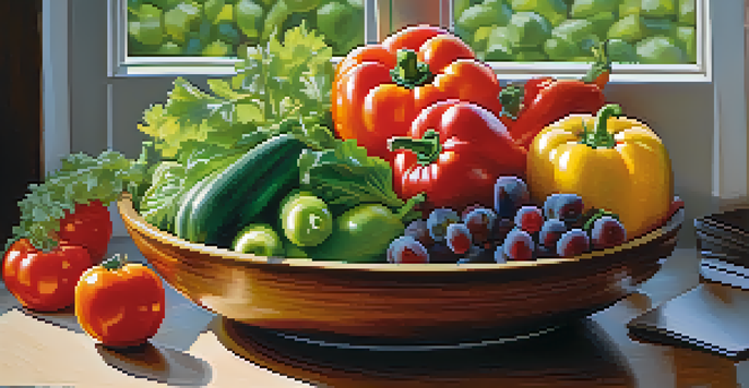 A bowl filled with fresh fruits and vegetables on a wooden table, illuminated by soft natural light.
