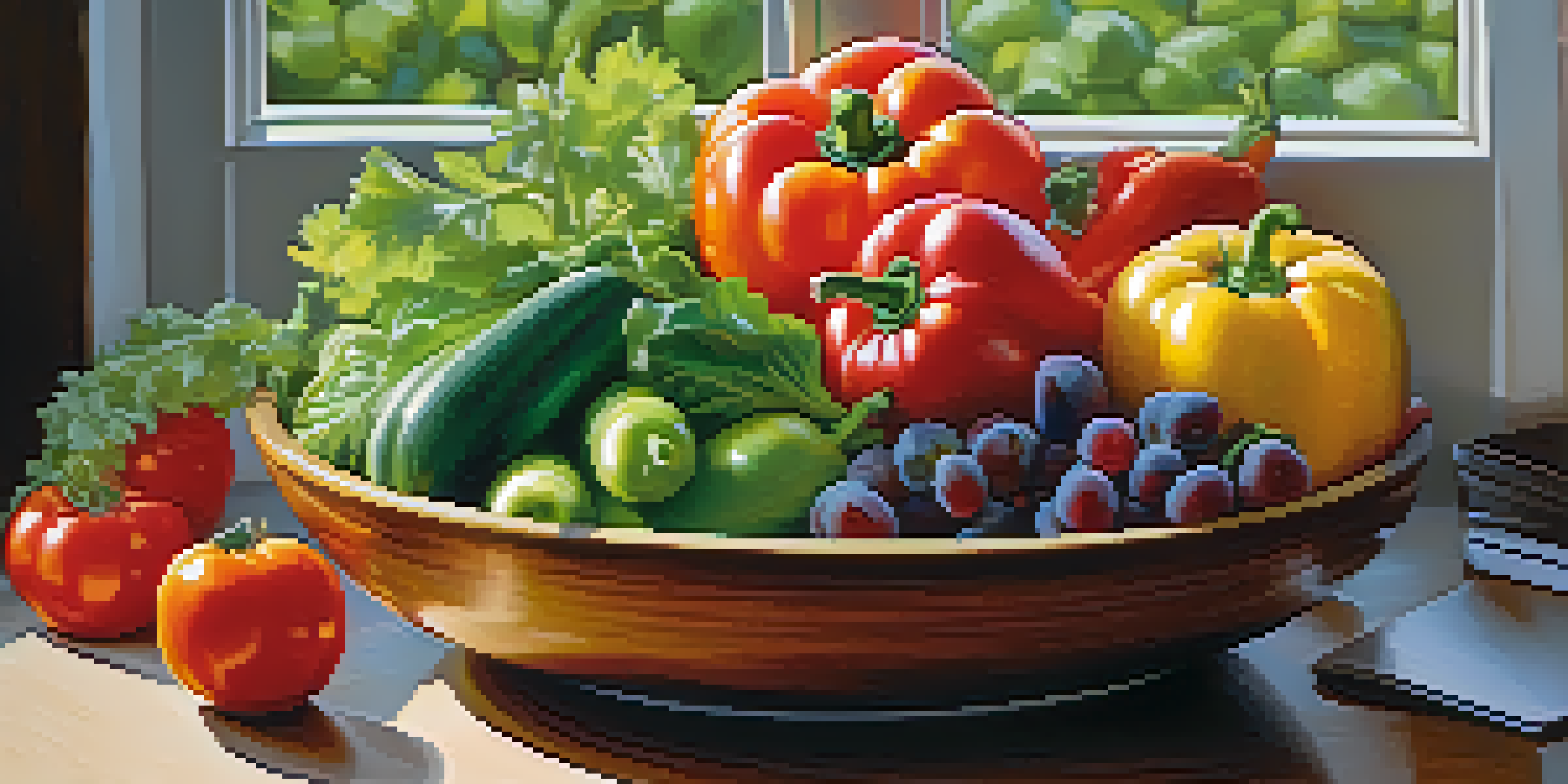 A bowl filled with fresh fruits and vegetables on a wooden table, illuminated by soft natural light.