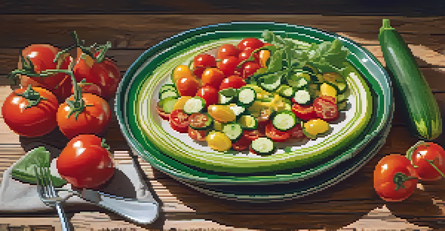 A colorful vegetarian dish with fresh tomatoes, zucchini, and dressing on a rustic wooden table.
