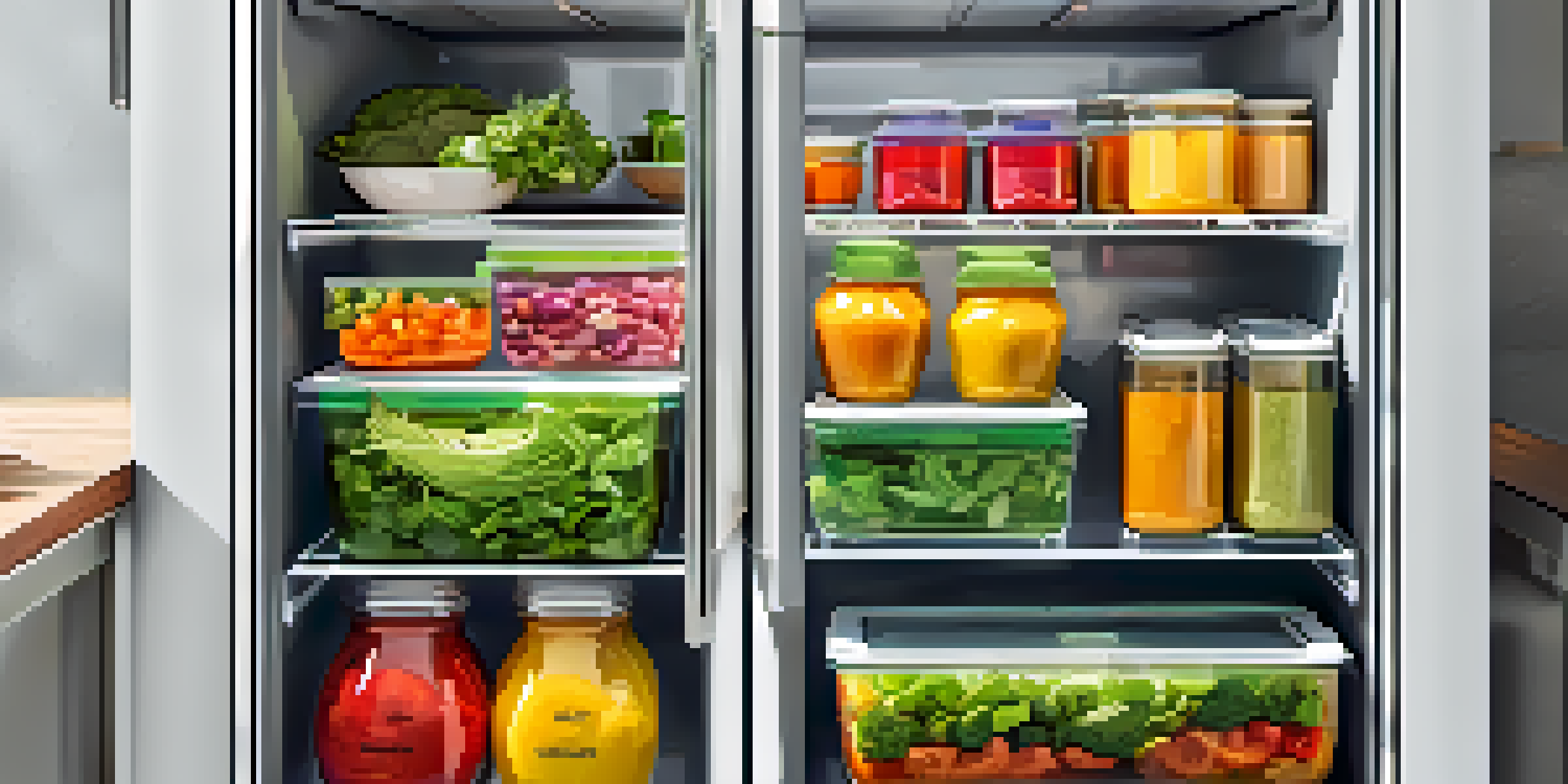 A well-organized fridge filled with colorful glass containers of meal prepped vegetarian dishes, illuminated by natural light.
