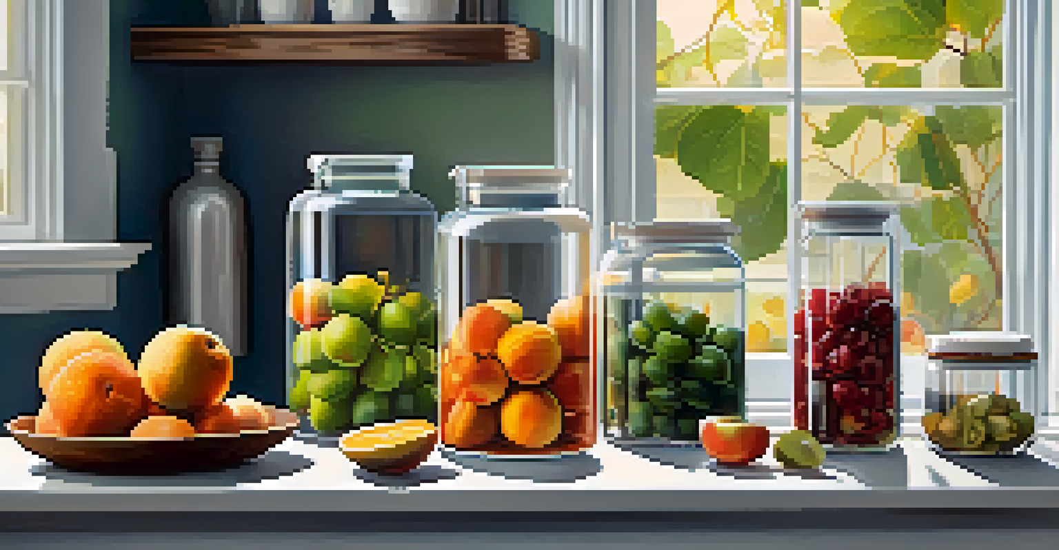 Stylish glass containers of monk fruit and erythritol in a bright kitchen, with fruits and baking ingredients around them.