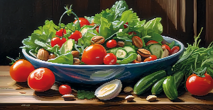 A bowl of fresh salads with leafy greens, cherry tomatoes, and nuts on a wooden table, illuminated by sunlight.