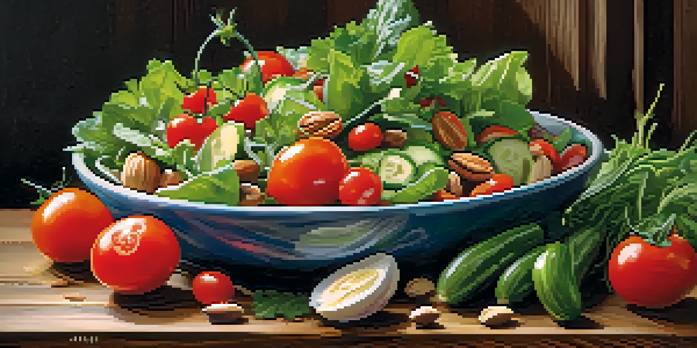 A bowl of fresh salads with leafy greens, cherry tomatoes, and nuts on a wooden table, illuminated by sunlight.