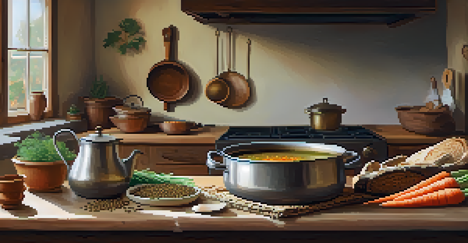 A pot of lentil soup simmering on a wooden stove in a rustic kitchen, with fresh herbs and bread nearby.