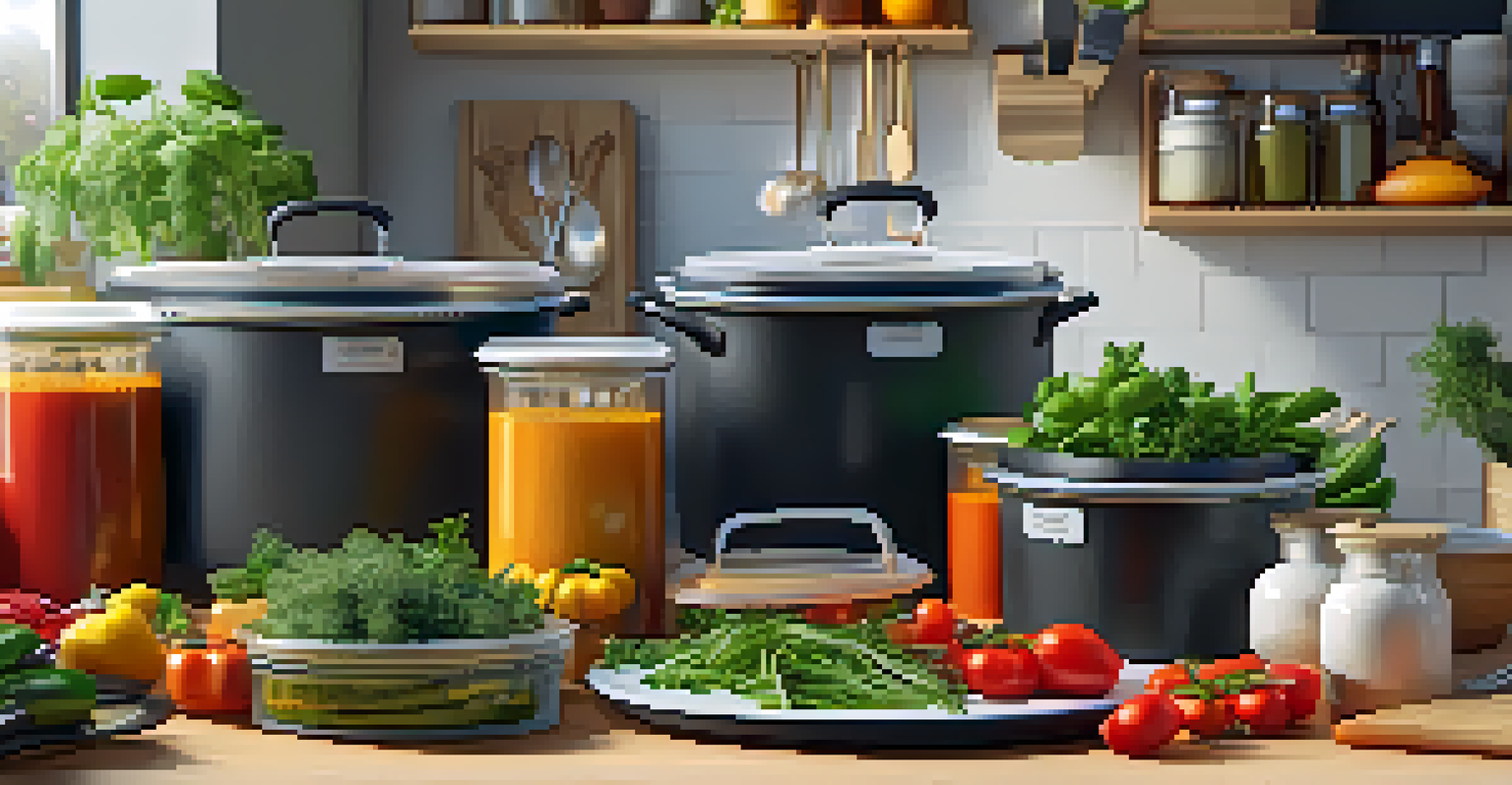 A kitchen counter displaying colorful containers of prepared vegetarian meals, fresh herbs, and cooking utensils in a cozy atmosphere.