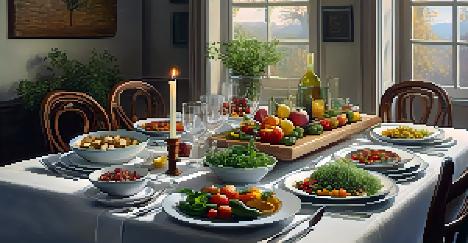 A beautifully arranged dining table with various vegetarian dishes and candlelight creating a warm setting.